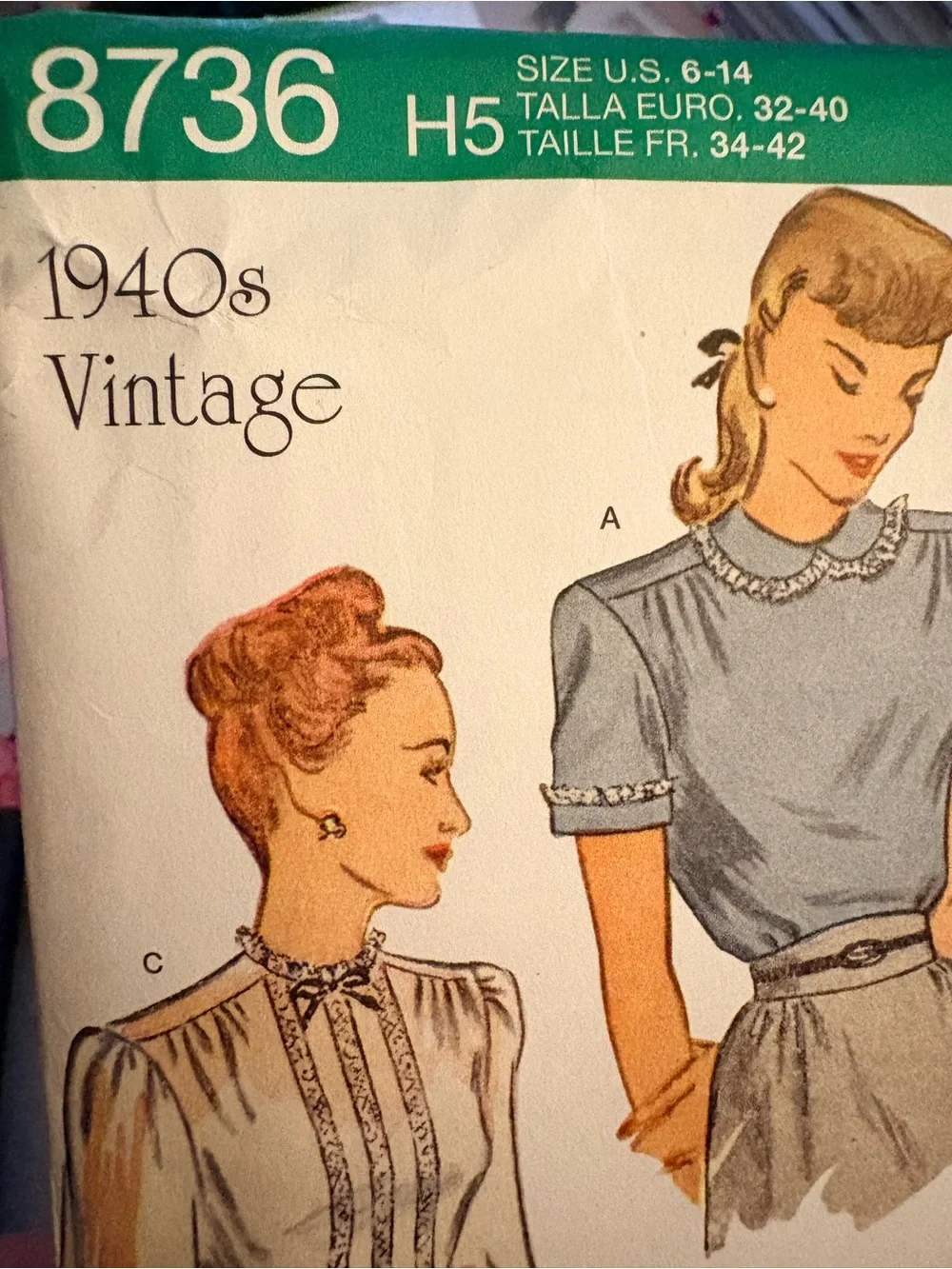 BN UNCUT SIMPLICITY 8736 H5 BLOUSES 1940's VINTAGE SEWING PATTERNS